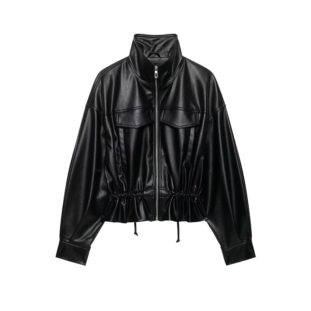 Women's cropped faux leather bomber jacket with drawstring waist Mune Fashion