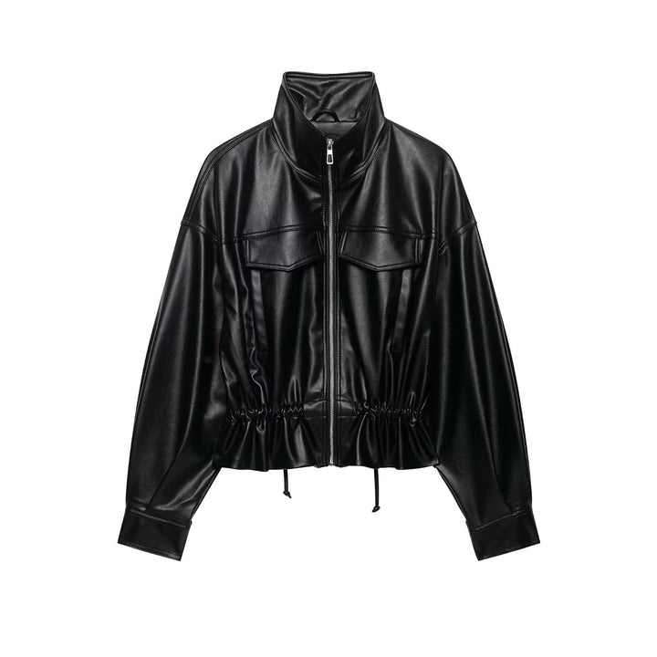 Women's cropped faux leather bomber jacket with drawstring waist Mune Fashion