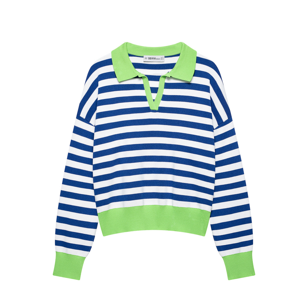 Women's Striped Polo Sweater with V-Neck, Loose Body and Contrasting Cuffs Mune Fashion