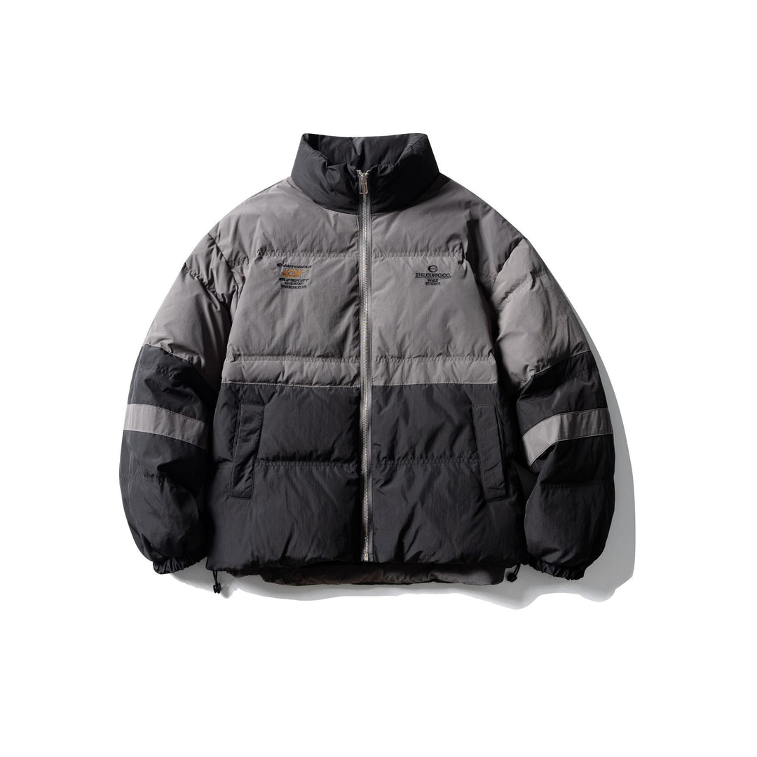 Men's color block quilted short jacket with high stand-up collar and drawstring hem