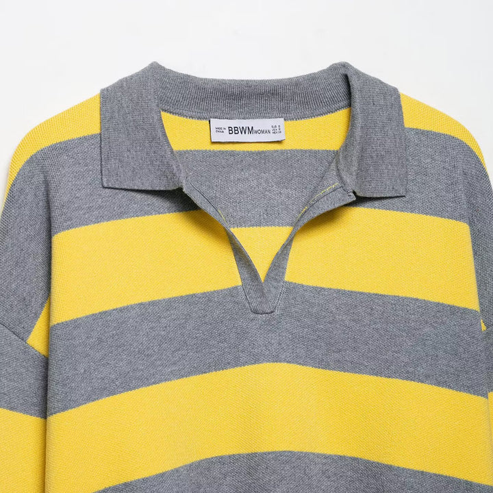 Women's Oversize Striped Rugby Sweater with Open Polo Collar and V-Neck Mune Fashion