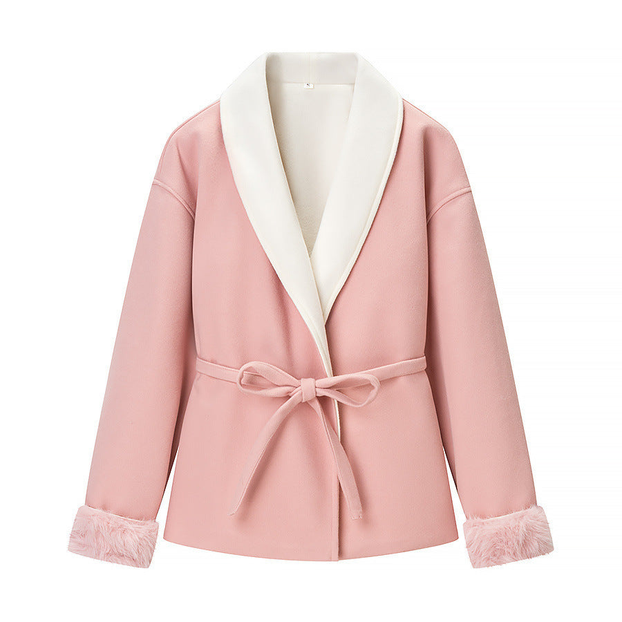 Ladies tailored short jacket with generous shawl collar, tie belt, and faux fur cuffs Mune Fashion