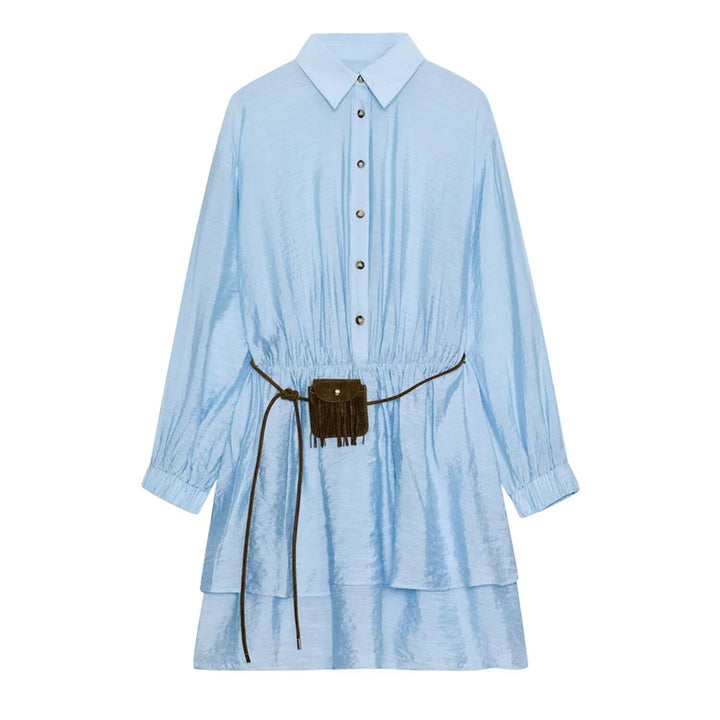 Women's shirt dress in crinkle look with tiered skirt and waist drawstring Mune Fashion
