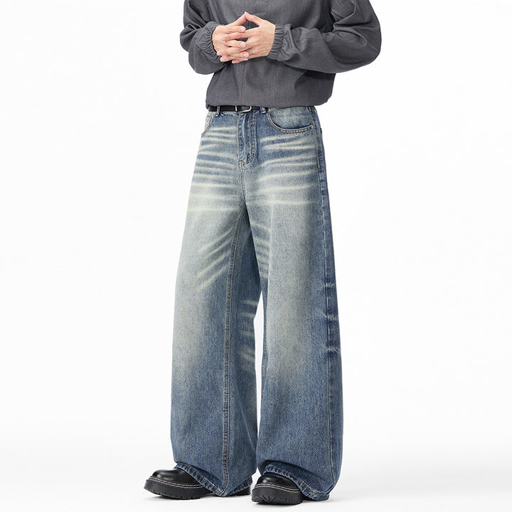 Men's Extra Wide Baggy Denim Trousers with High Waist, Distinctive Whisker Folds and Deep Crotch Mune Fashion