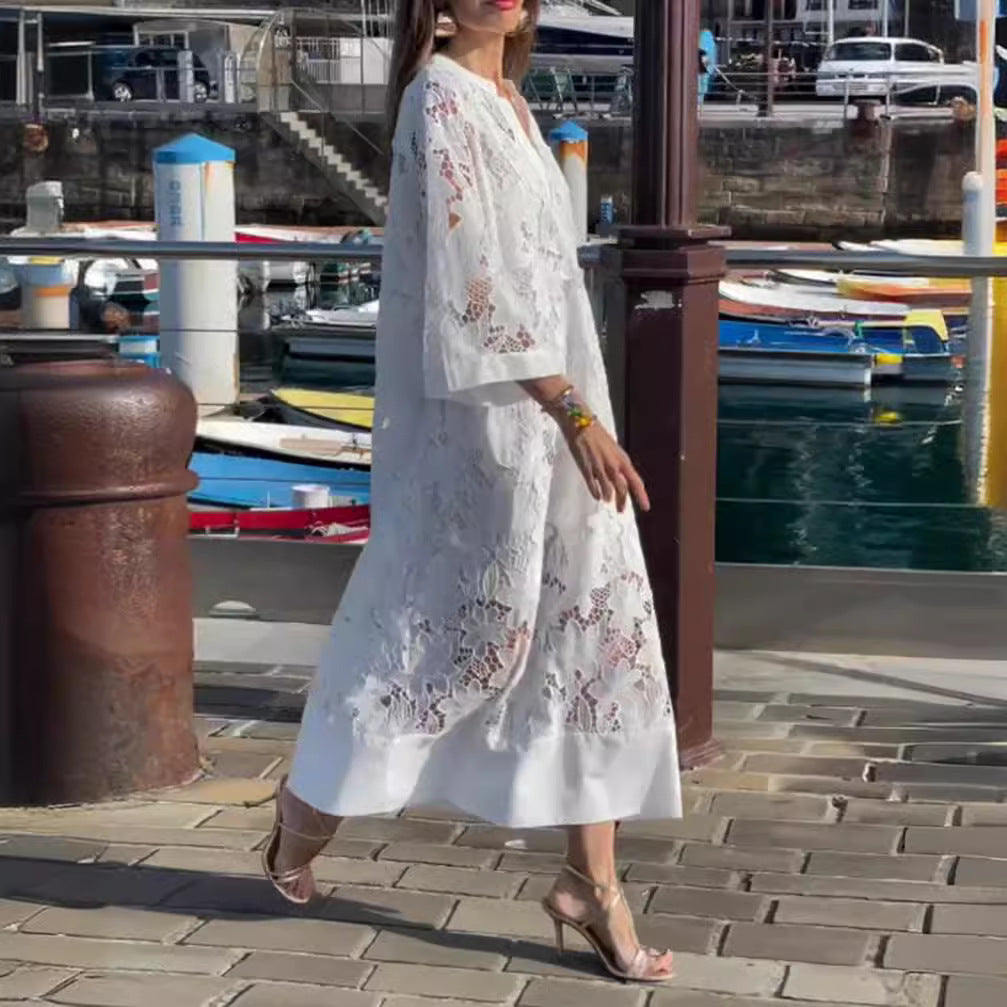 Women's airy lace maxi dress with floral openwork embroidery, loose kimono sleeve cut, and lightweight underdress Mune Fashion