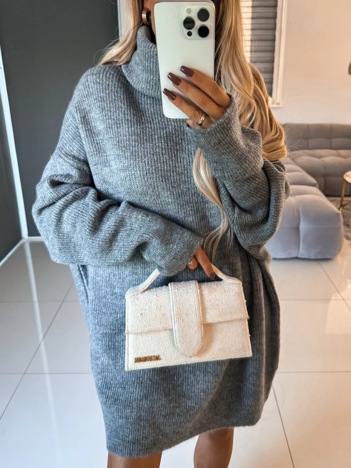 Women's cozy chunky knit mini dress with extra high turtleneck and oversized fit Mune Fashion