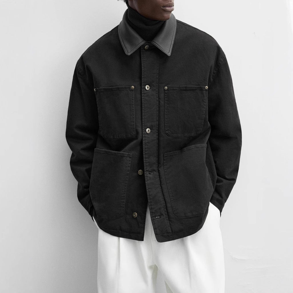 Men's Boxy Chore Jacket made of canvas with contrasting leather collar and four patch pockets Mune Fashion