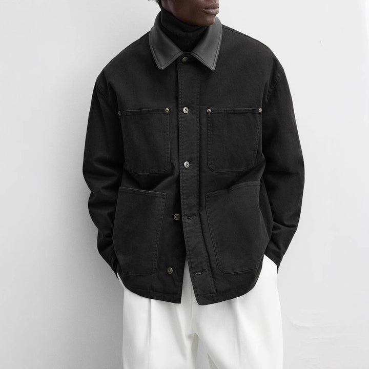 Men's Boxy Chore Jacket made of canvas with contrasting leather collar and four patch pockets Mune Fashion
