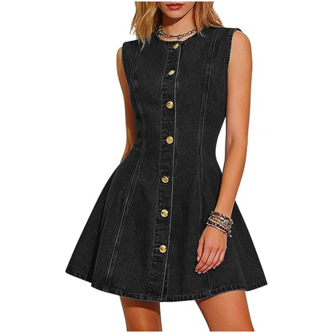 Women's Sleeveless Denim Dress with Tailored A-Line and Continuous Button Placket Mune Fashion