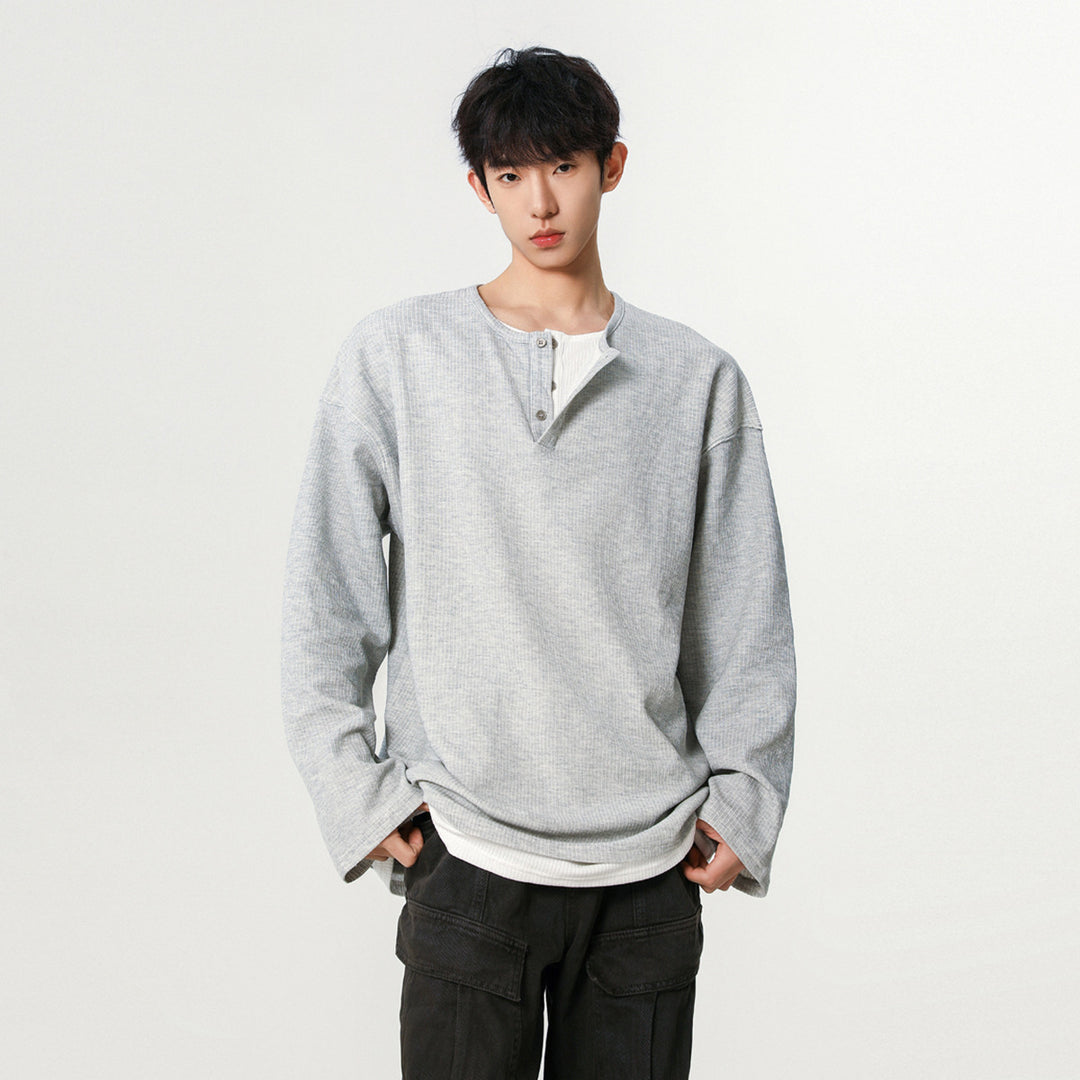 Men's Fashionable Oversized Henley Shirt with Textured Surface Mune Fashion