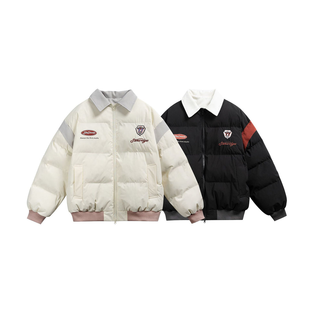 Women's short padded blouson jacket with contrasting collar and embroidery details Mune Fashion