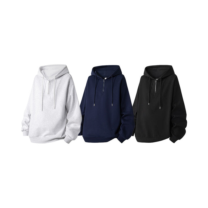 Unisex Oversize Hoodie with Half Zip, Fleece Lining and Ribbed Hem Drune