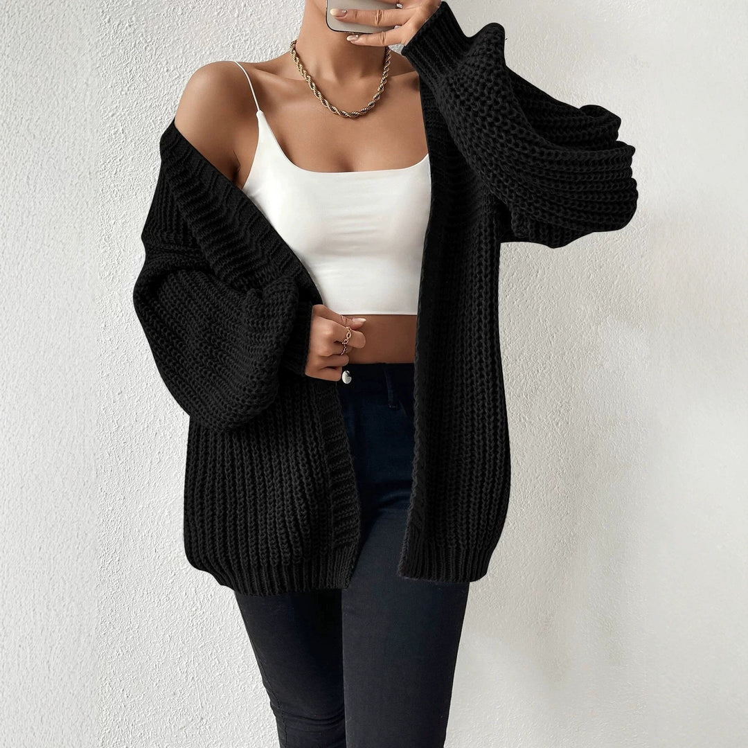 Women's oversized knit cardigan with coarse waffle knit, open front and voluminous balloon sleeves Mune Fashion