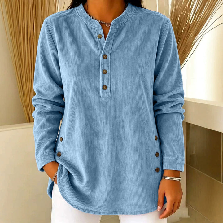 Women Casual Corduroy Look Tunic with Henley Neckline and Side Buttons Drune