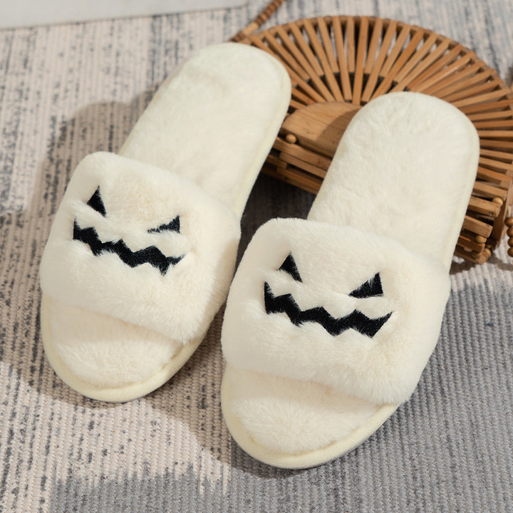 Ladies fluffy house slippers with embroidered pumpkin face and non-slip sole Mune Fashion