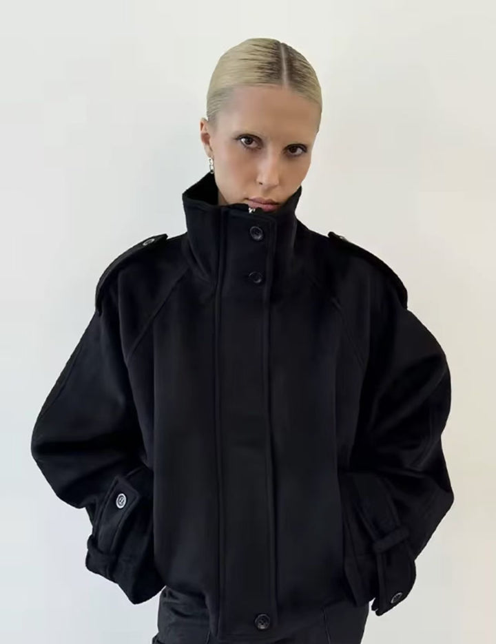 Women's short coat in cape look with high stand-up collar, epaulettes and wide raglan sleeves Mune Fashion