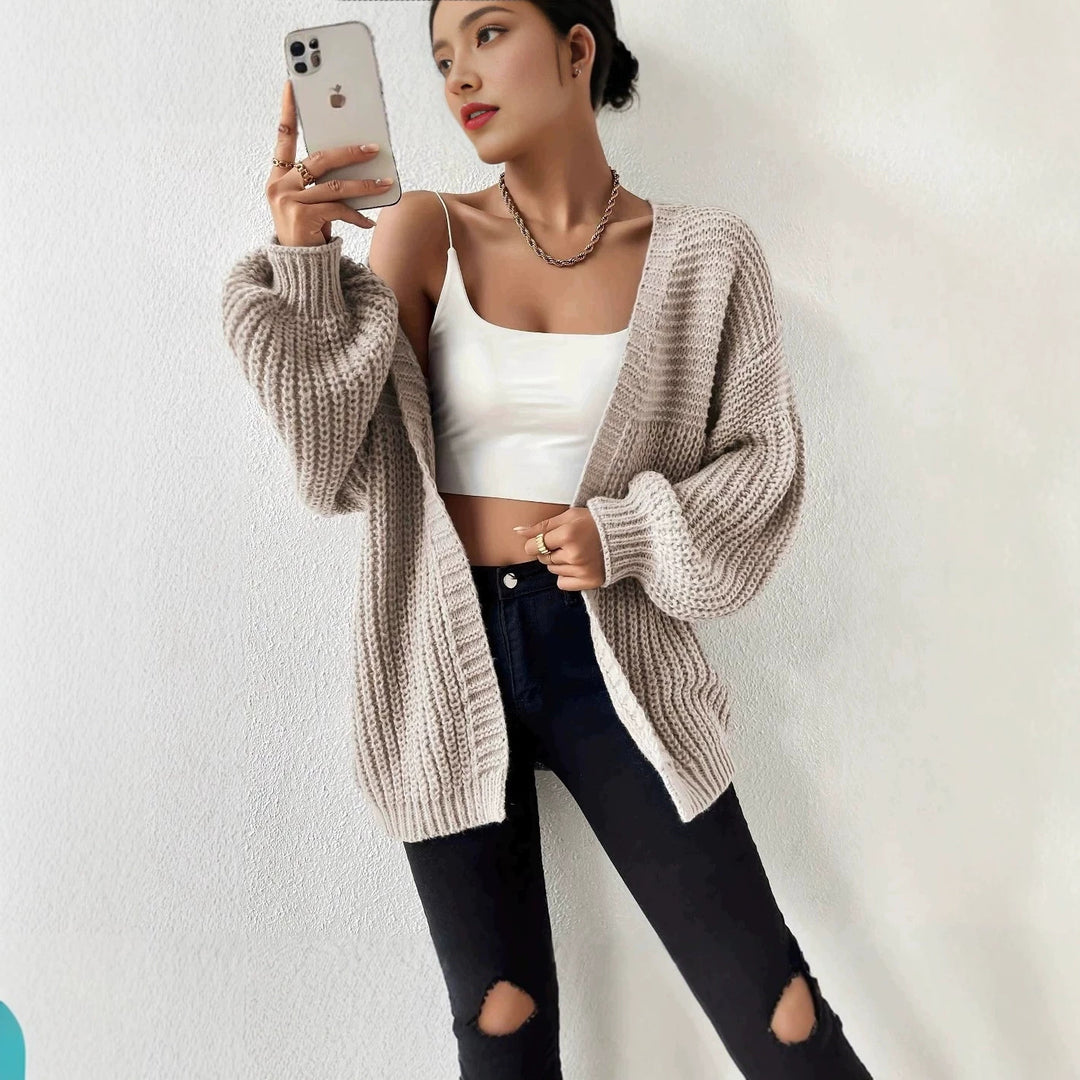 Women's oversized knit cardigan with coarse waffle knit, open front and voluminous balloon sleeves Mune Fashion