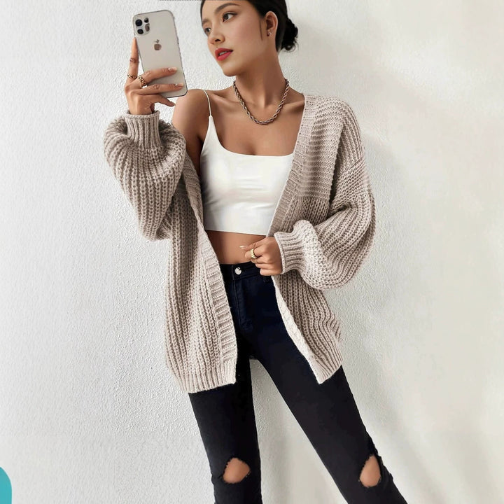 Women's oversized knit cardigan with coarse waffle knit, open front and voluminous balloon sleeves Mune Fashion