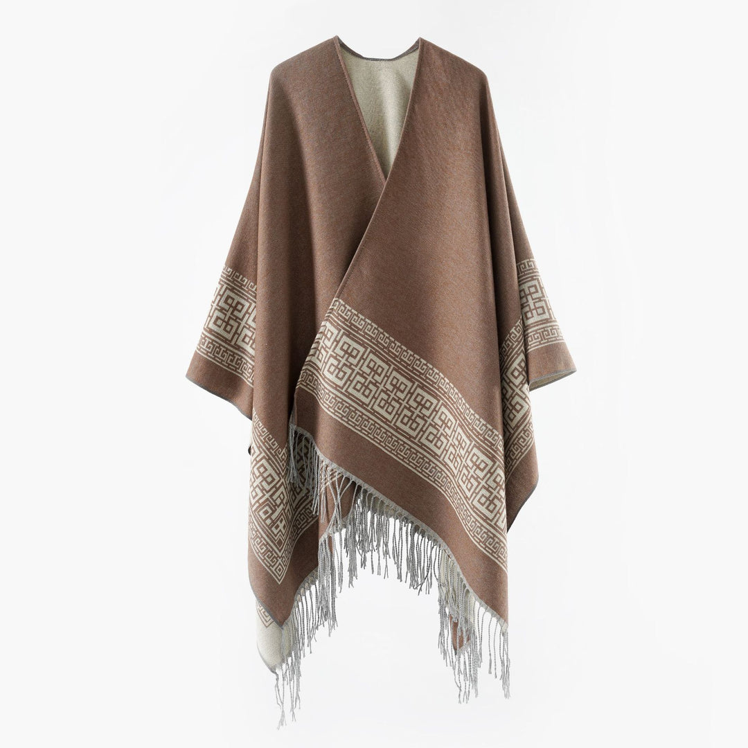 Women's Reversible Wool Blend Kimono Style Wrap with Ornamental Border and Decorative Fringes