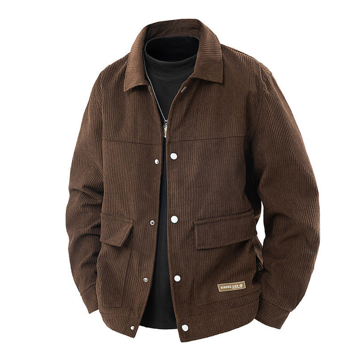 Men's  relaxed corduroy chore jacket with patch flap pockets and metal snap front Mune Fashion