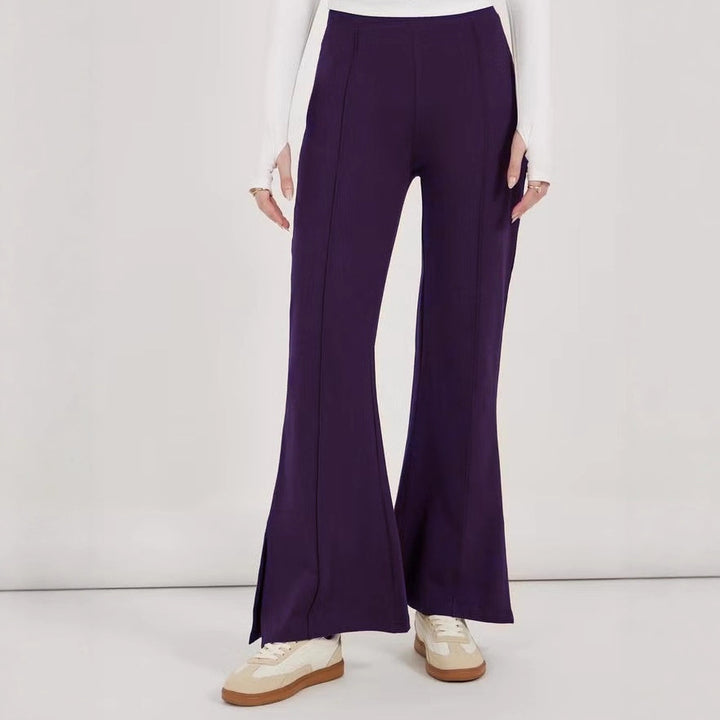Women’s flared pants with high waist, continuous crease and side hem slit Drune