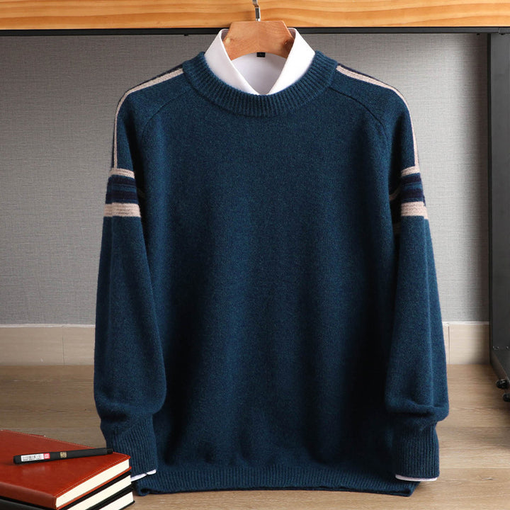 Men's Cashmere-Look Round Neck Sweater with Contrast Stripes on Shoulders and Relaxed Fit Mune Fashion