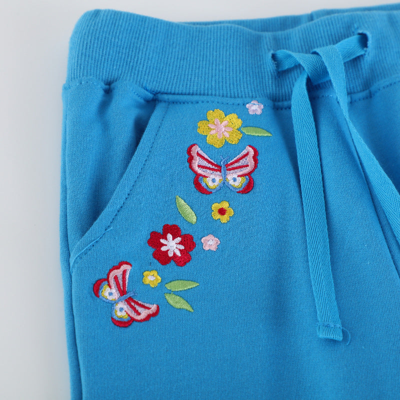 Girls jogging pants with colorful flower and butterfly embroidery Mune Fashion