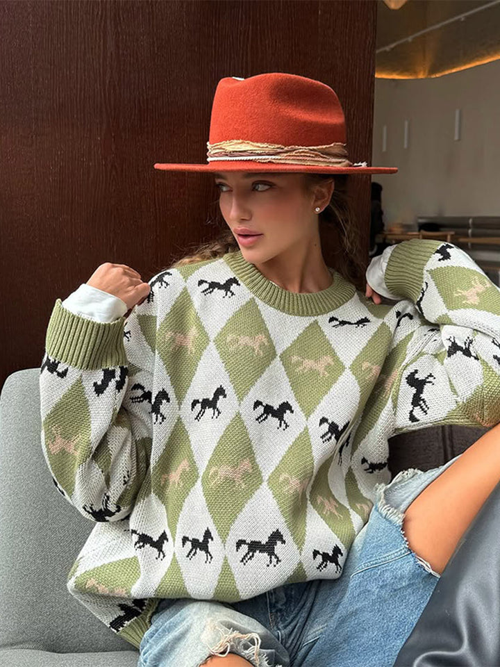 Women's Oversize Knitted Sweater with Argyle Pattern and Horse Motif Mune Fashion