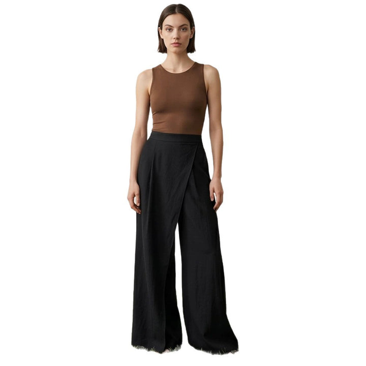 Women's High-Waist Wrap Palazzo Pants with Wide Leg and Flowing Linen Look Mune Fashion
