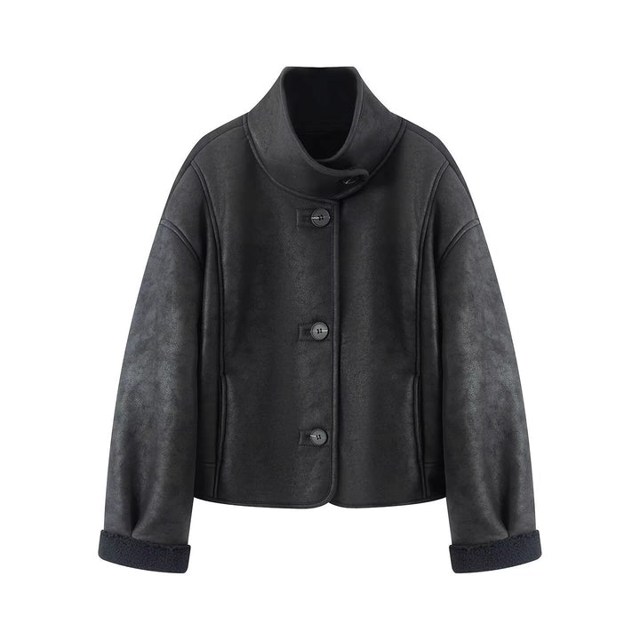 Women's short-cut artificial lambskin jacket with stand-up collar, button closure, and foldable faux-fur cuffs Mune Fashion