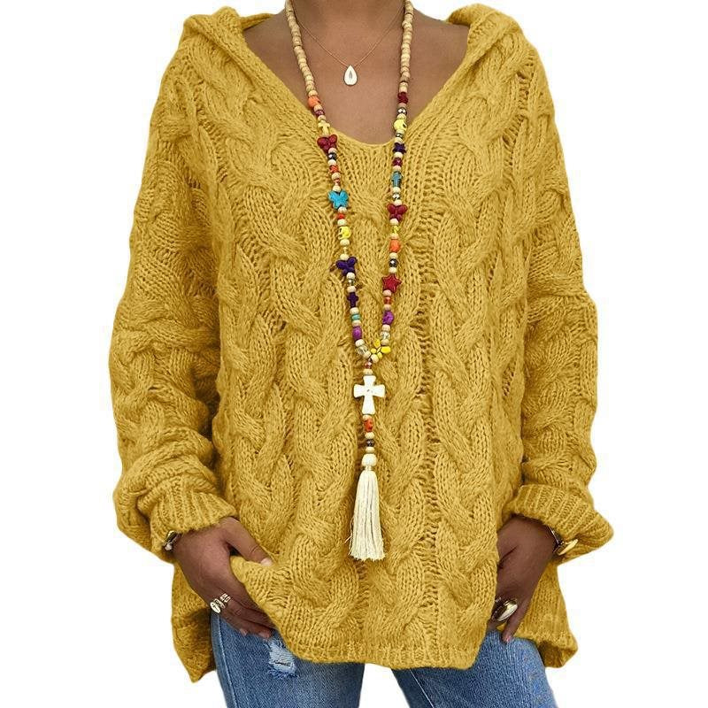 Women Oversized Cable Knit Sweater with Hood and Casual V-Neck Mune Fashion
