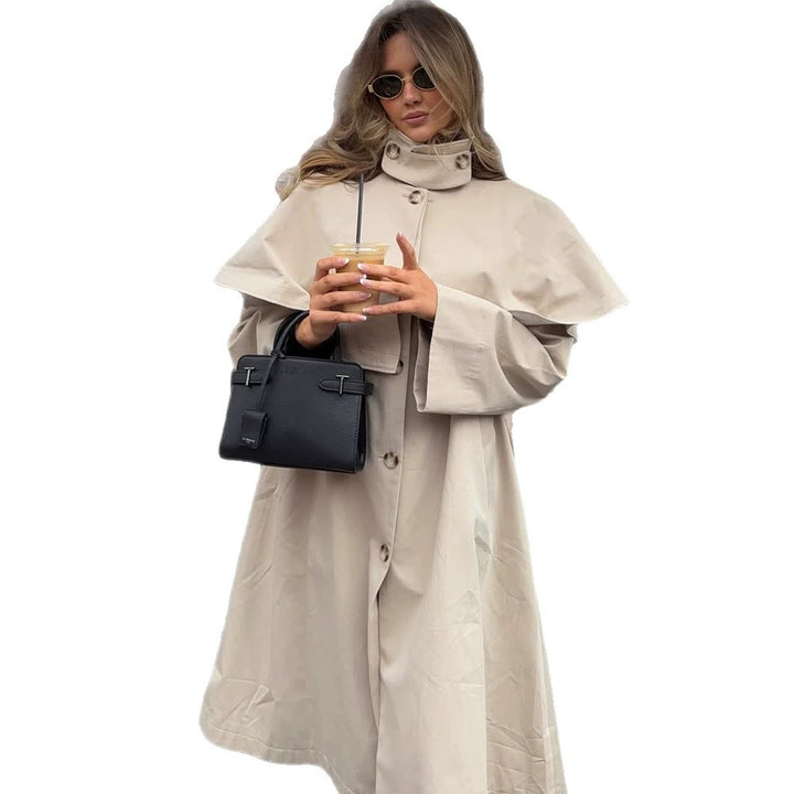 Ladies Oversize Trench Coat with Cape Detail and High Stand Collar Mune Fashion
