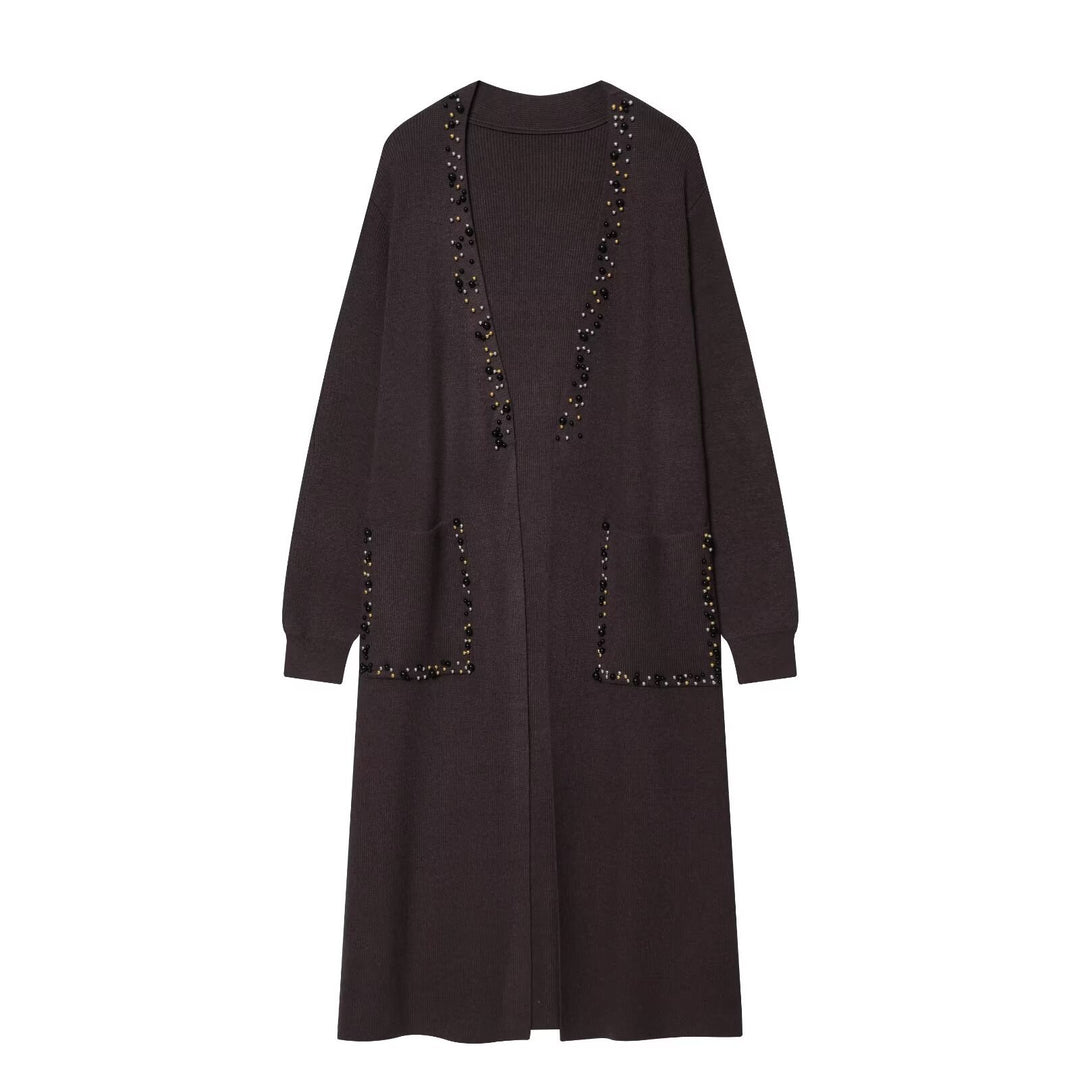 Ladies long knitted cardigan with pearl detailing Mune Fashion