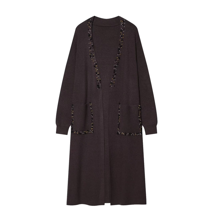 Ladies long knitted cardigan with pearl detailing Mune Fashion