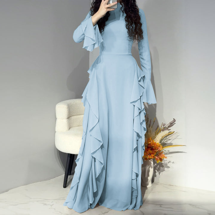 Women nan maxi dress with ruffle trim, tailored empire silhouette and long bell sleeves Mune Fashion