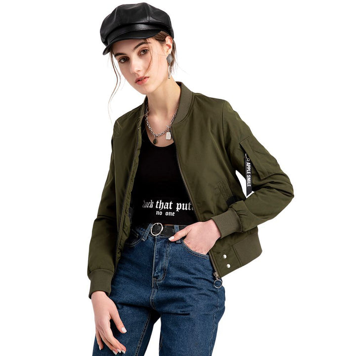 Women's lightweight bomber jacket with ring zipper, sleeve pocket, and tailored silhouette Mune Fashion