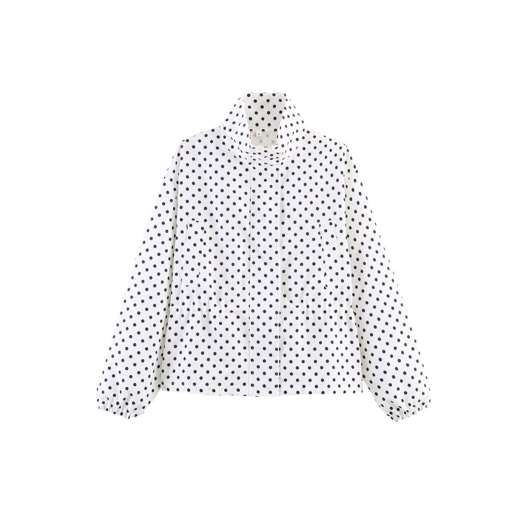 Ladies Cropped Polka Dot Transition Jacket with Stand-Up Collar and Waist Gathering Mune Fashion