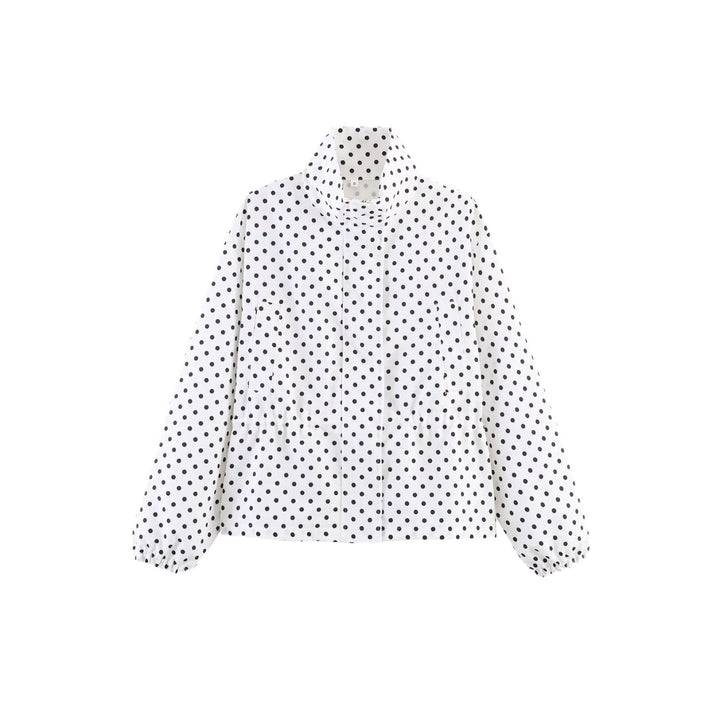 Ladies Cropped Polka Dot Transition Jacket with Stand-Up Collar and Waist Gathering Mune Fashion