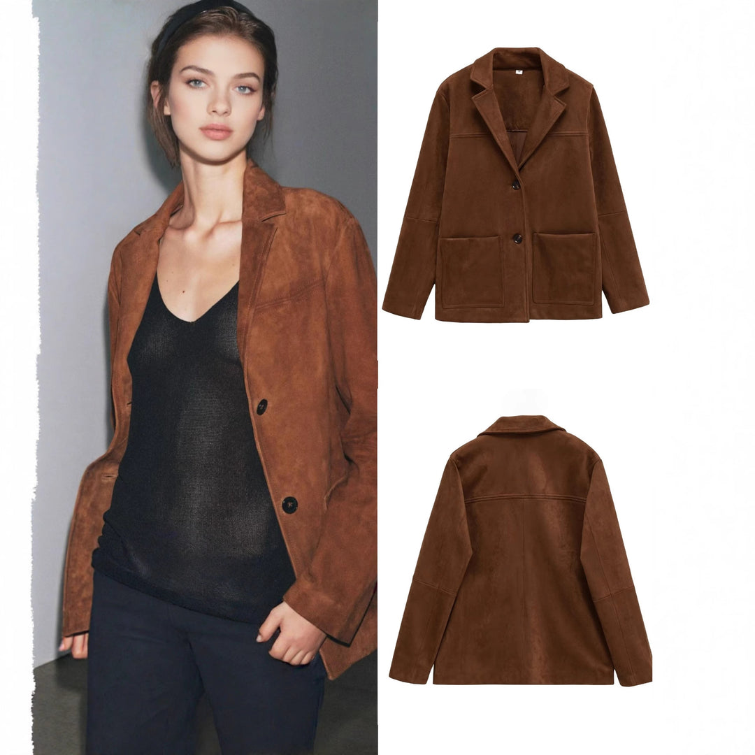 Women Short Suede-Look Coat with Notched Collar and Applied Pockets Mune Fashion