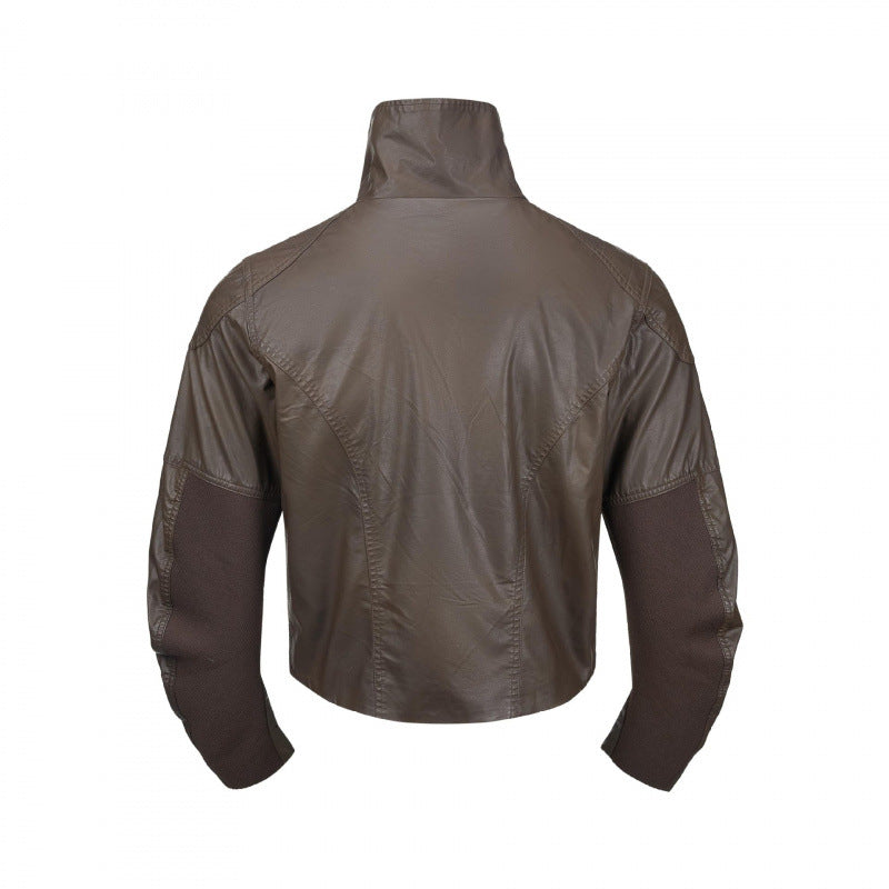 Men's short jacket in leather look with high stand-up collar, two diagonal chest zippers and vintage metal details Mune Fashion