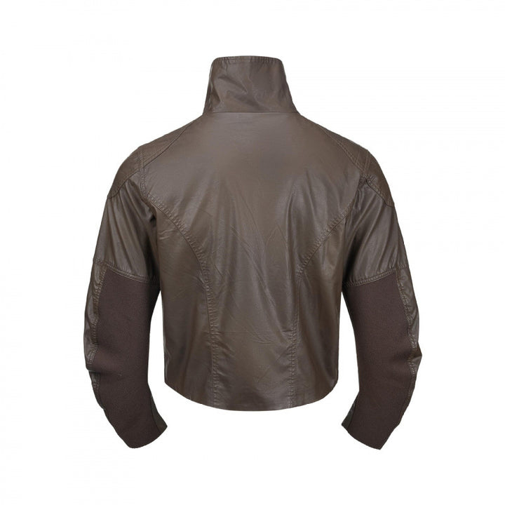 Men's short jacket in leather look with high stand-up collar, two diagonal chest zippers and vintage metal details Mune Fashion