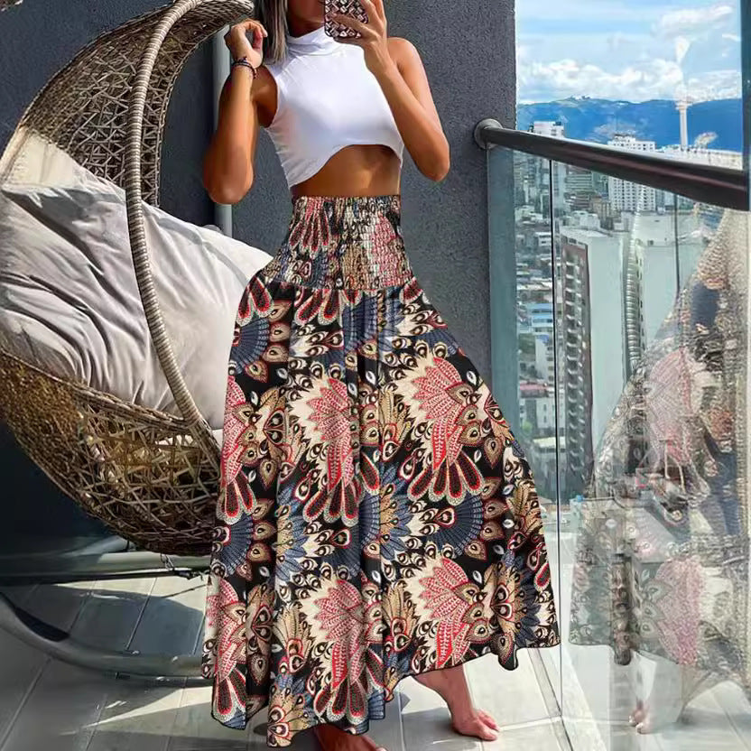 Women’s Maxi Skirt with High Smock Waist and Wide Boho Print Mune Fashion
