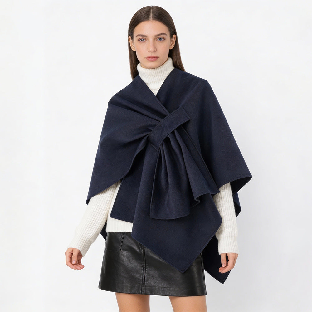 Ladies Elegant Wrap-Cape with Knot Closure and Flowing Draping