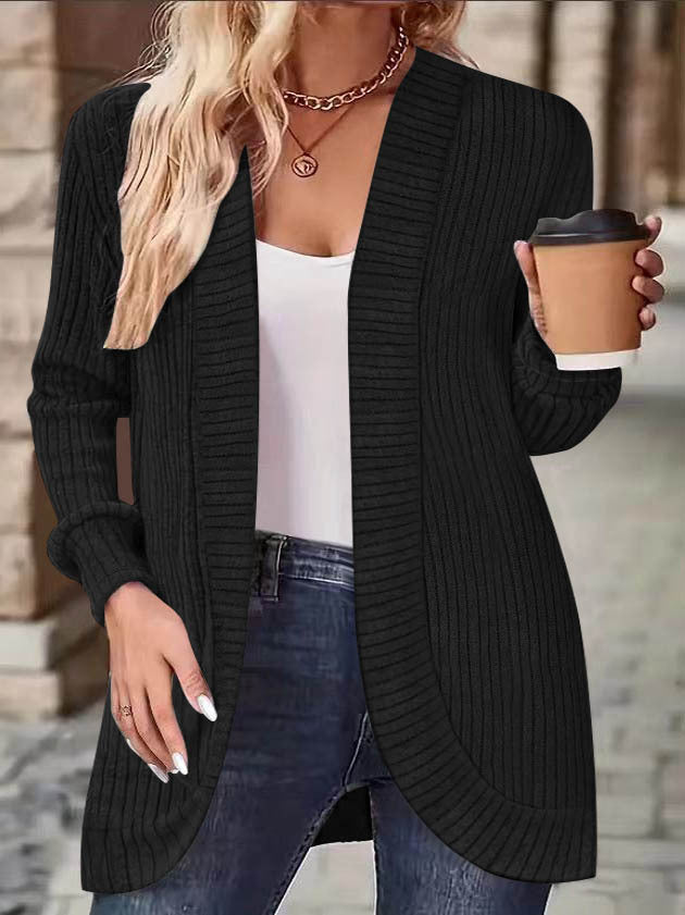 Women Long Open Ribbed Knit Cardigan with Rounded Hem Drune