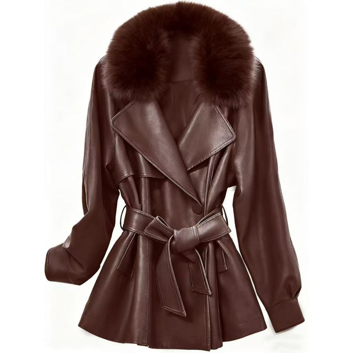 Ladies short coat made of faux leather with removable faux fur collar and waist belt Mune Fashion