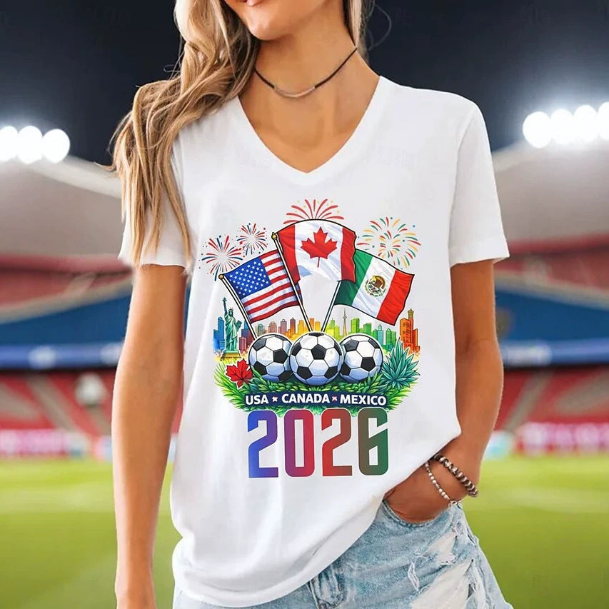 Women’s V-neck Retro Print T-shirt with Eagle Emblem and vintage-inspired Graphic Mune Fashion