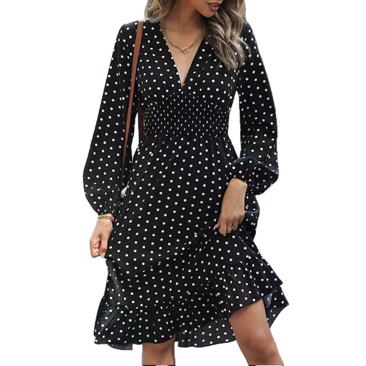 Ladies' dotted A-line midi dress with V-neck, smocked waist and two-tiered ruffle Mune Fashion
