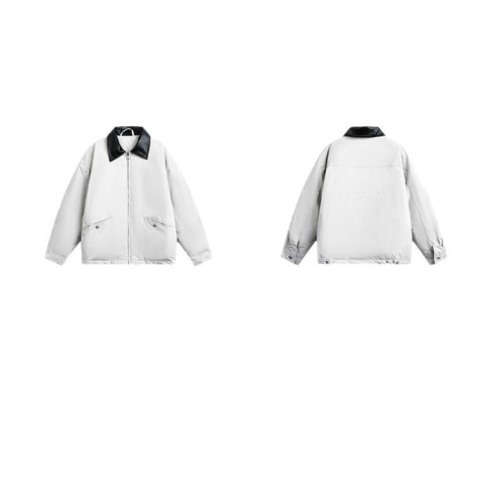 Unisex Boxy transitional jacket with contrasting faux leather collar and concealed zipper Mune Fashion