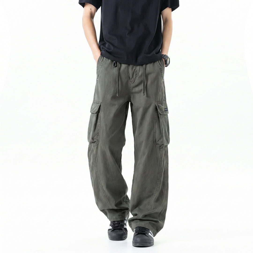 Men's Loose Utility Cargo Pants with Drawstring Waistband, Segment Seams and Large Flap Pockets Drune