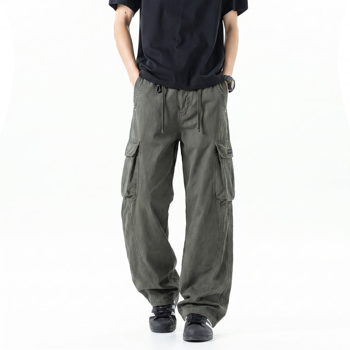 Men's Loose Utility Cargo Pants with Drawstring Waistband, Segment Seams and Large Flap Pockets Drune